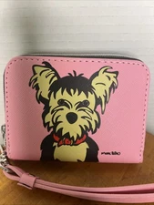 Marc Tetro Yorkie Terrier Pink Zip Around Small Wristlet Card Wallet Lined