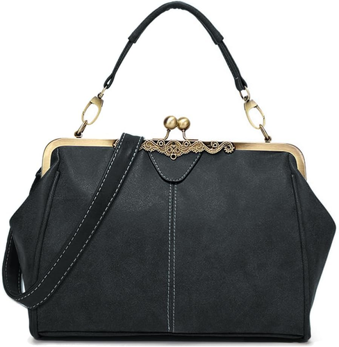 Damen Vintage Retro Kiss Lock Umhängetasche klein mattiertes Leder Handtasche - Bild 5 von 12