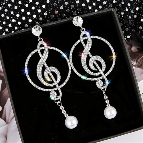 Nuevos pendientes de plata colgantes de perlas grandes para mujer, nota musical - música - Imagen 20 de 24