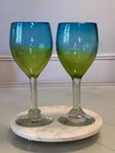 Mexican Hand Blown Set Of  2 Bubble Glass Green & Blue Ombré Wine Glasses 8.25”