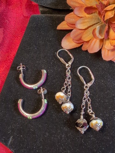 Vtg 925 Sterling Opal & Stone Earrings Pierce Lever & Post Southwestern Jewelry - Picture 2 of 19