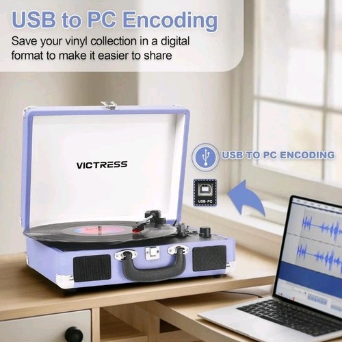 Vinyl Record Player, Portable Suitcase Record Player with PC Recording Purple - Picture 2 of 8