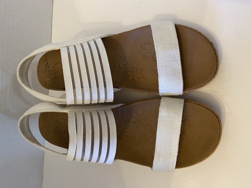 Womens Skechers Luxe Foam Off White Linen Cork Wedge Sandals Size 8 - Picture 3 of 14