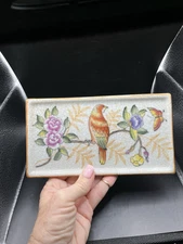 Vintage Trinket Tray With Bird Butterfly And Flowers 7.5”x4”