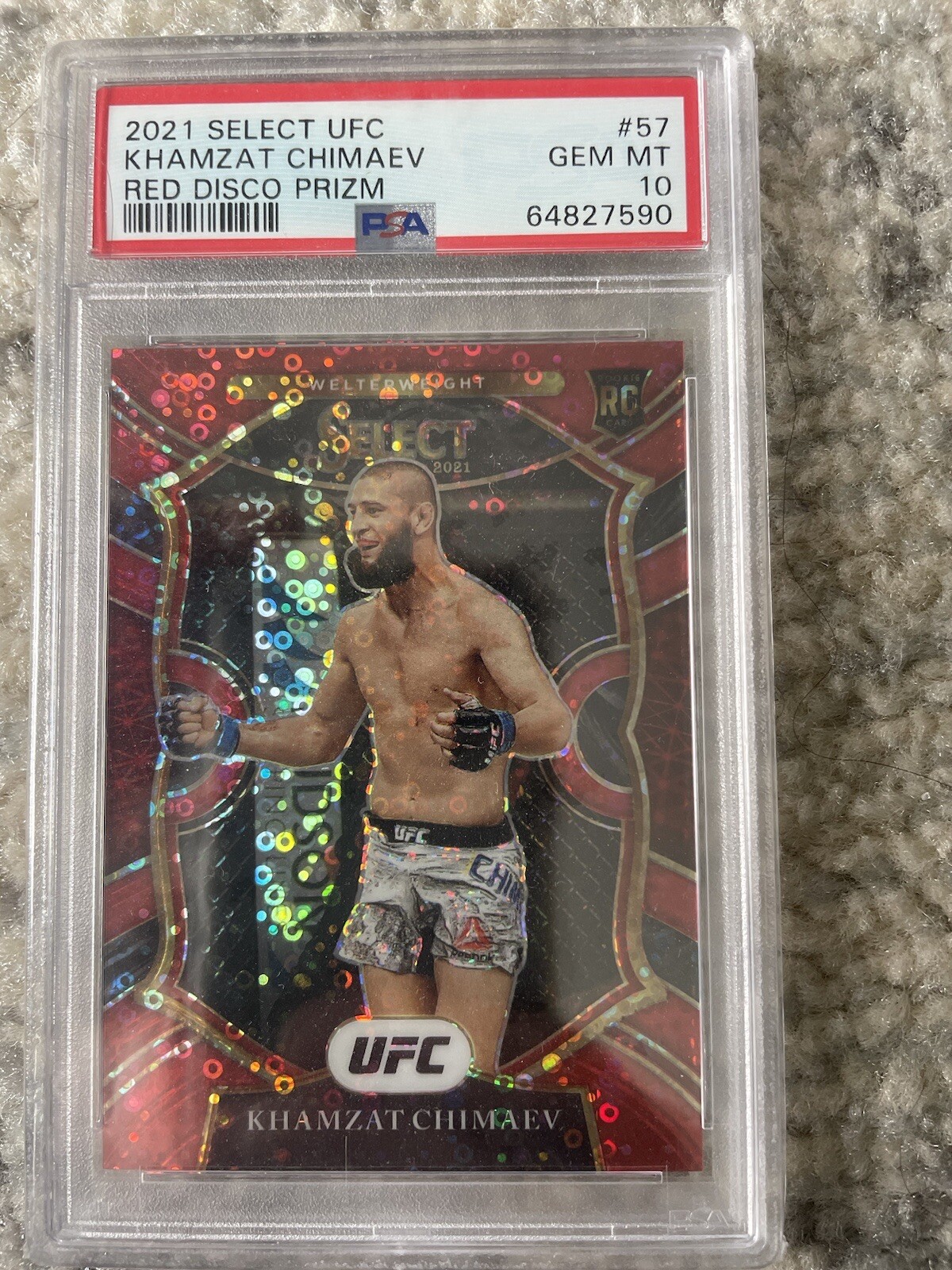 2021 Panini Select UFC Khamzat Chimaev Red Disco Rookie Prizm #/199 #57 PSA 10