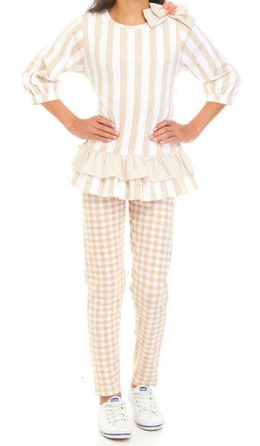 RARE EDITIONS Big Girl's 10 Oatmeal Interlock Striped Top 2-Pc Leggings Set NWT - Picture 2 of 4