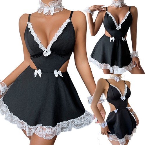 Women's Sexy Nightdress Maid Cosplay Dress Lace Sleepwear Babydoll Nightwear US - Picture 2 of 26