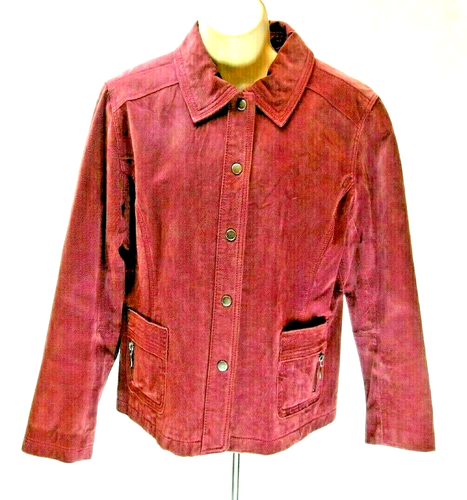 Women's Chico's Suede/Leather Coat Sz 8 Merlot Snap Fr. Lined Front Pockets GUC