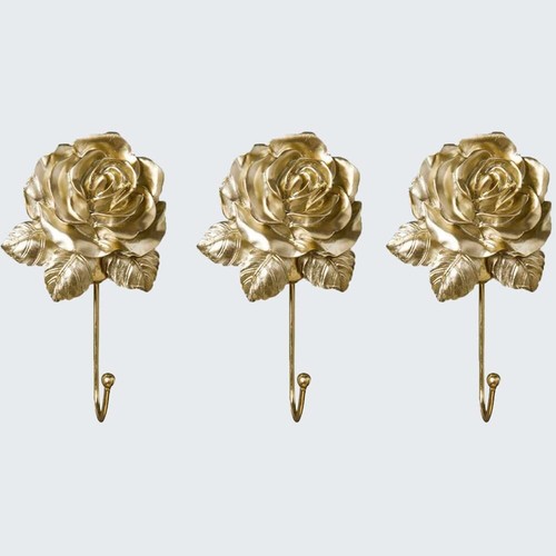 3 Pack Gold Decorative Flower Wall Hooks for Hanging Things Bathroom Rose Tow...