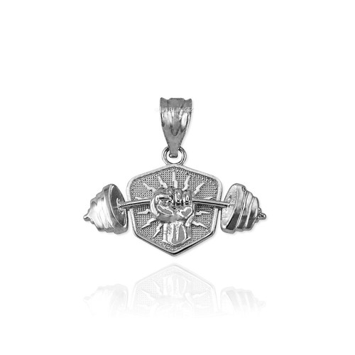 Sterling Silver Hand Weightlifting Dumbbell Pendant Necklace - Picture 5 of 5