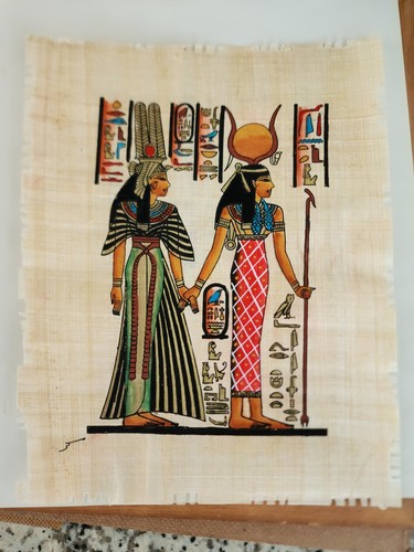 Framed Natural Wood Hathor & Queen Nefertari Papyrus Handmade Egyptian Artwork - Picture 5 of 12