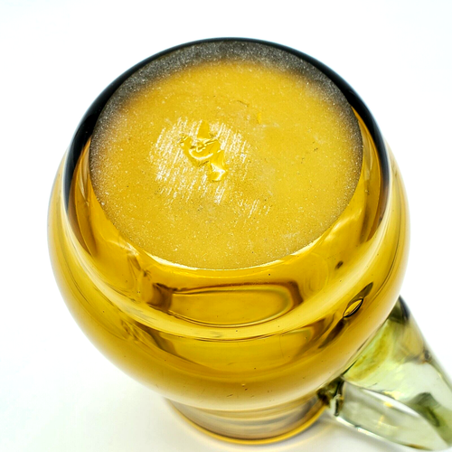 Amber Gold Pitcher Hand Blown Art Glass Etched Bird Clear Applied Handle Small - Picture 10 of 19