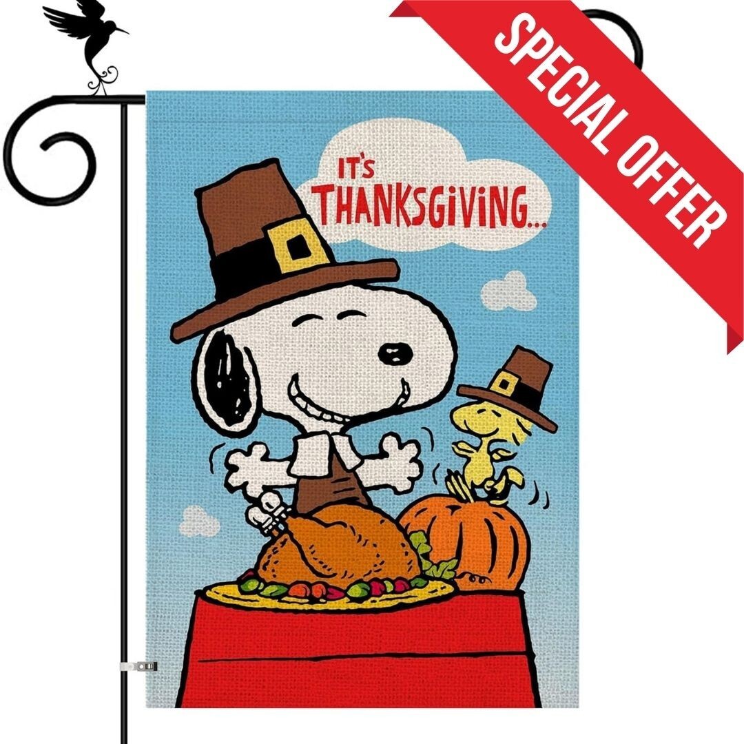 Snoopy Peanuts Thanksgiving Garden Flag 12x18 Inch Burlap Double Side