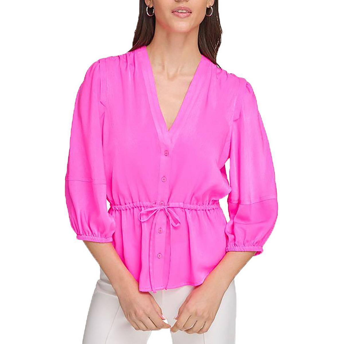 Женский атласный топ с баской на пуговицах от DKNY BHFO 5931