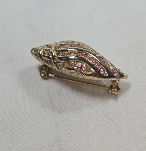 Broche prendedor Monet tono dorado rosa estrás caracola caracola 1,5" vintage - Imagen 4 de 9