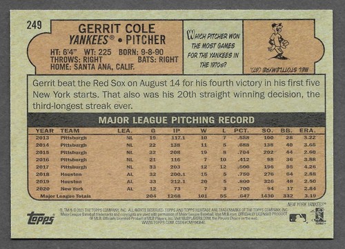 2021 Topps Heritage WRONG BACK ERROR #249 Jose Altuve Front Gerrit Cole Back - Bild 2 von 2