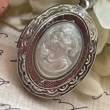 Silver New Birthday Locket White Pearl Lady Victorian Maiden Necklace Gift Mom