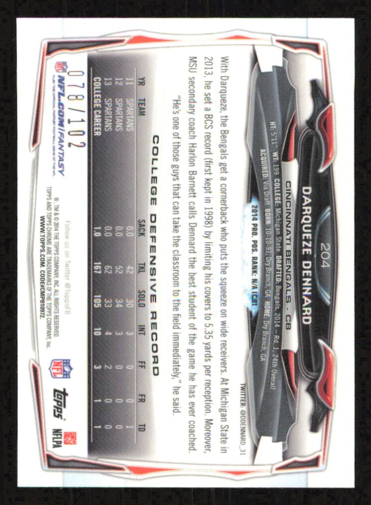 2014 Topps Chrome DARQUEZE DENNARD mini PULSAR Refractor card