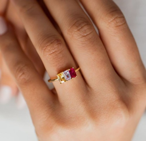 Simulated Emerald Cut Citrine ,Ruby & Moissanite In 10K Yellow Gold Party Ring - Picture 2 of 4