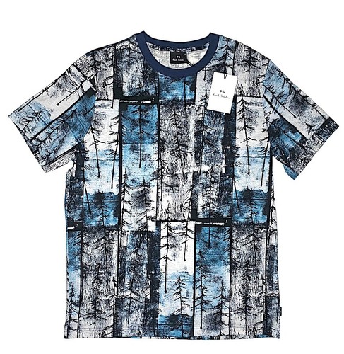 T shirt homme Paul Smith pins des neiges forêt arbres coton bleu et blanc taille M neuf avec étiquette
