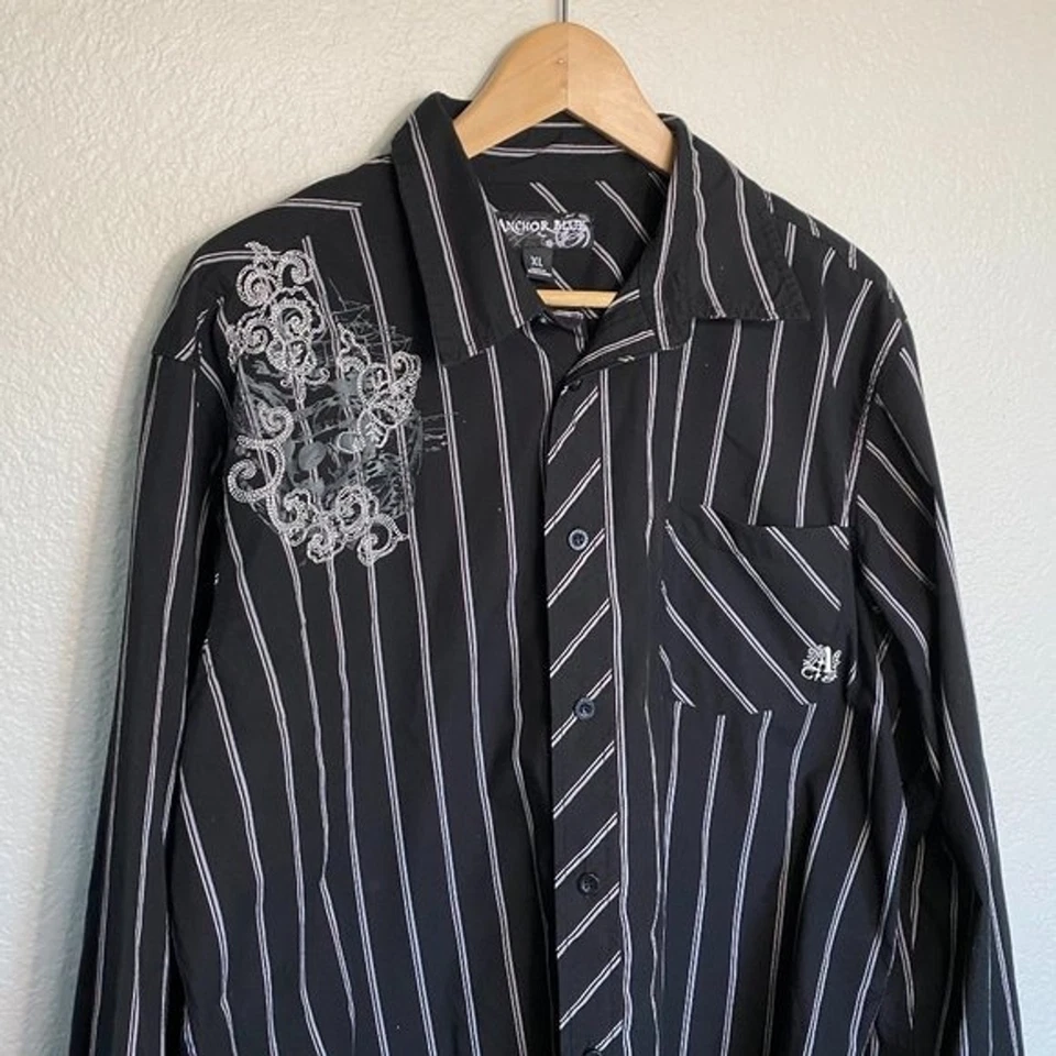 Camisa Anchor Azul Vintage Y2K Rayas Bordada Abotonada Para Hombre Talla XL Foto 3 de 4
