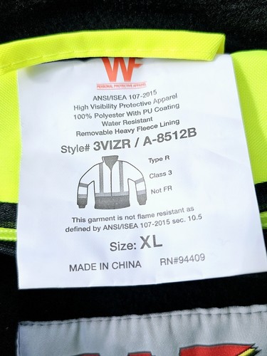 WF 3VIZR Polar Bomber High-Visibility Work Jacket Size XL RN#94409 w/Lining New - Picture 11 of 17