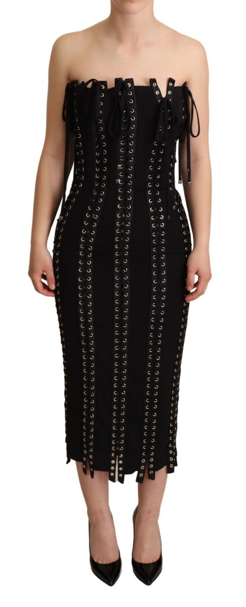 Dolce&Gabbana Women Black Dress Silk Lace Up Zip Corset