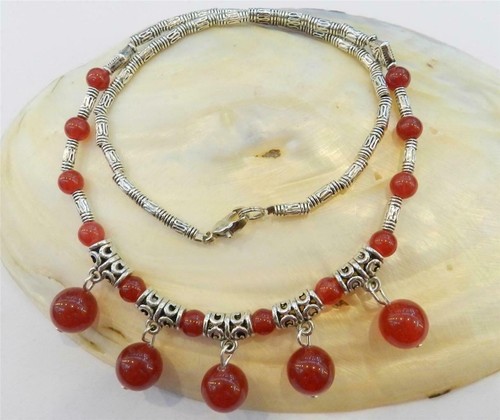 LOVELY NATURAL RED JADE ROUND BEADS GEMS PENDANTS TIBET SILVER NECKLACE 18" - Picture 3 of 3
