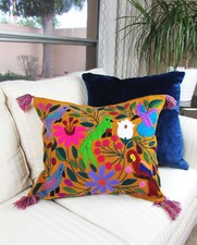 Chiapas Pillow Ocher tone with birds and flowers pattern hand embroidered