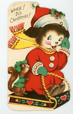  Cute puppy dog on sled with squirrel  Vintage Christmas Greeting Card 