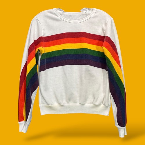 Vintage 70s Sweatshirt Striped Rainbow Supersoft Fleece Womens S/M Pride Hippie - Picture 1 of 21