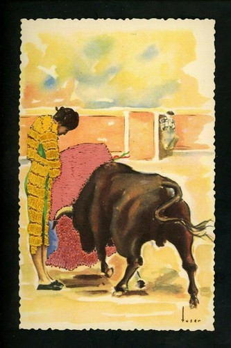 Embroidered clothing postcard Artist Tuser Spain bull fighting matador - Picture 1 of 2