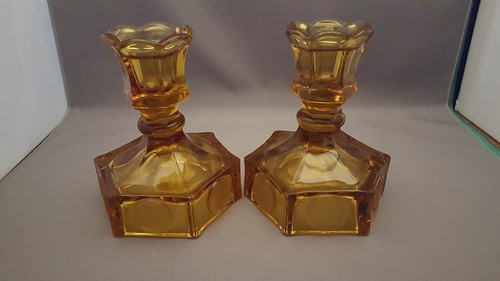 3 Pc Fostoria Glass Coin Amber Console Set 2 Candlesticks & Oval Bowl Circa 50's - Picture 5 of 6