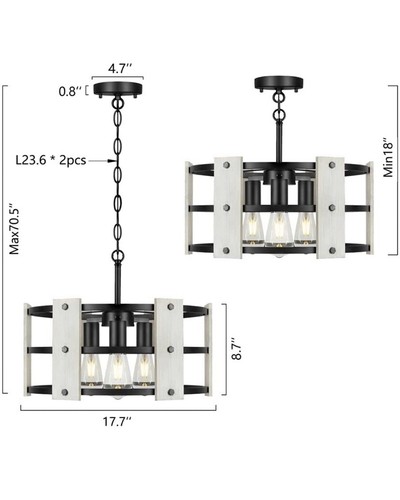 3-Light Farmhouse Chandelier White Drum Chandelier in Wood & Metal Round Shade - Picture 4 of 12