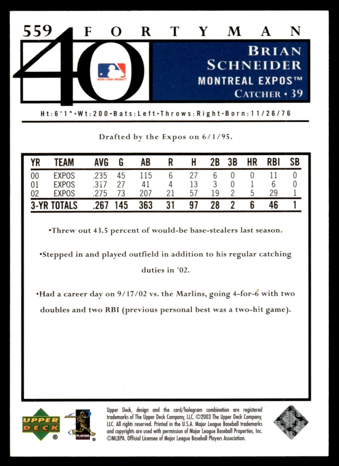 2003 Upper Deck 40-Man #559 Brian Schneider Montreal Expos - Image 2 of 2