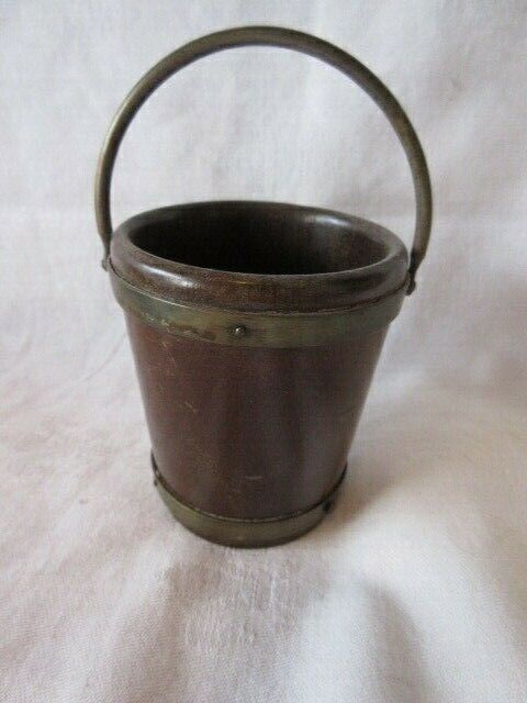 Antique Wooden 3" Bucket w Brass Bail Handle & Strapping & Original Finish