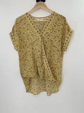 Max Studio Women’s Yellow Chiffon Faux Wrap High Low Blouse Size S, Boho, Preppy