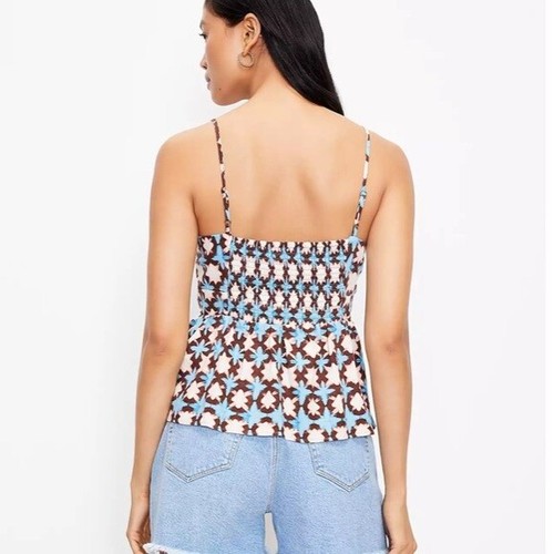 LOFT Blue Brown Floral Peplum Cami Spaghetti Straps Smocked Back in Azure Cloud - Picture 3 of 4