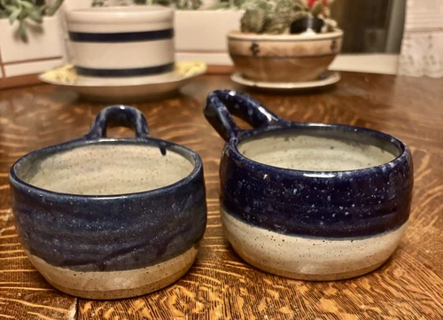 Studio Pottery Soup Mugs Set Of 2 Blue Drip, Speckled Hand Thrown