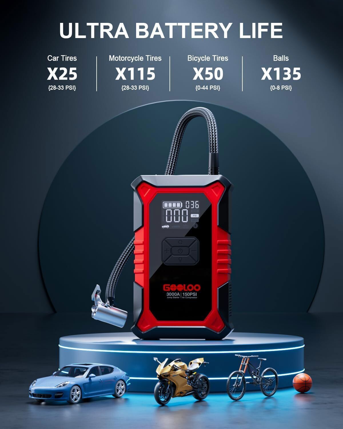 GOOLOO A3 Jump Starter with Air Compressor, 3000A Portable Car Battery Booster