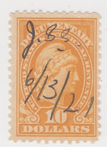 United States 1917. $10 Documentary Liberty, Revenue R245 Orange Used Pen Cancel