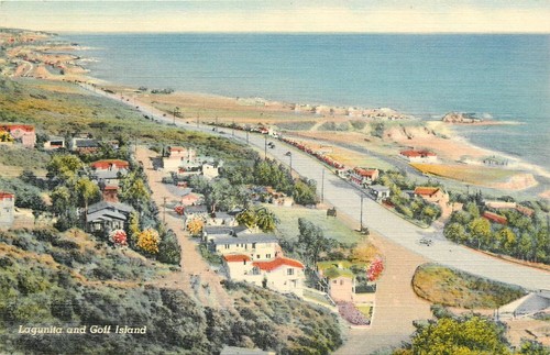 1940er Laguna Beach Kalifornien Lagunita Golf Island Vogelperspektive Postkarte 25-1579