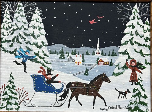 Original CATE MANDIGO Winter HORSE Sleigh Ride Children FOLK ART Oil Painting - Picture 3 of 10