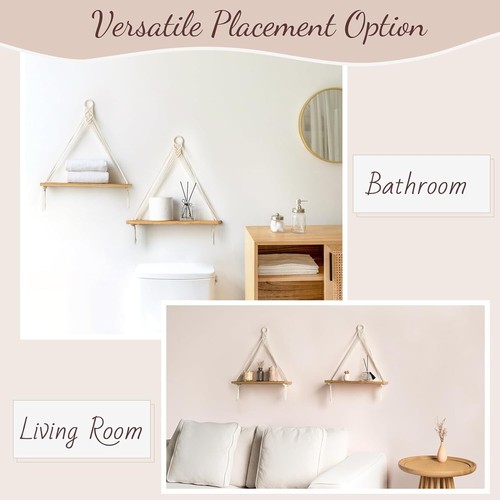 Dahey Macrame Hanging Shelf Boho Wall Decor Bedroom 2 Packs Rustic Off-white - Picture 5 of 6