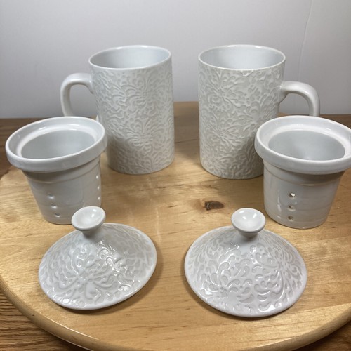 2 World Market 3 Pc White Floral Tea Cups Mug w Loose Tea Infuser Strainer & Lid - Bild 4 von 8