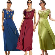 Dubai Rhinestone Short Sleeve Women Maxi Dress Muslim Abaya Kaftan Evening Party