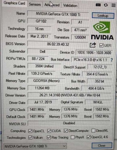 Dell / Alienware Aurora Nvidia GTX 1080ti 11GB GDDR5X Graphics Card - Picture 6 of 6