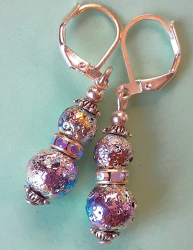 RAINBOW FOIL LAVA ROCK & Rhinestone drop earring artisan SP leverback XGE - Picture 7 of 7