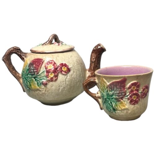 Antigua mini tetera y taza de té victoriana mayólica rosa silvestre siglo XIX sin marca - Imagen 4 de 14