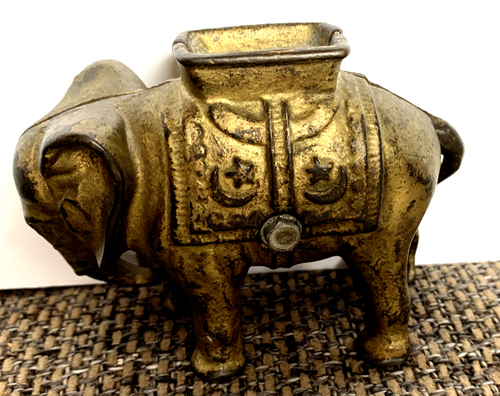 Elephant Bank Cast Iron Vintage Gold Finish Tucked Trunk Two Pieces with Screw - Picture 2 of 5
